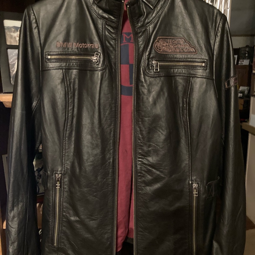 Classic women’s BMW Black Leather Jacket with Stand-Up Collar. Great condition